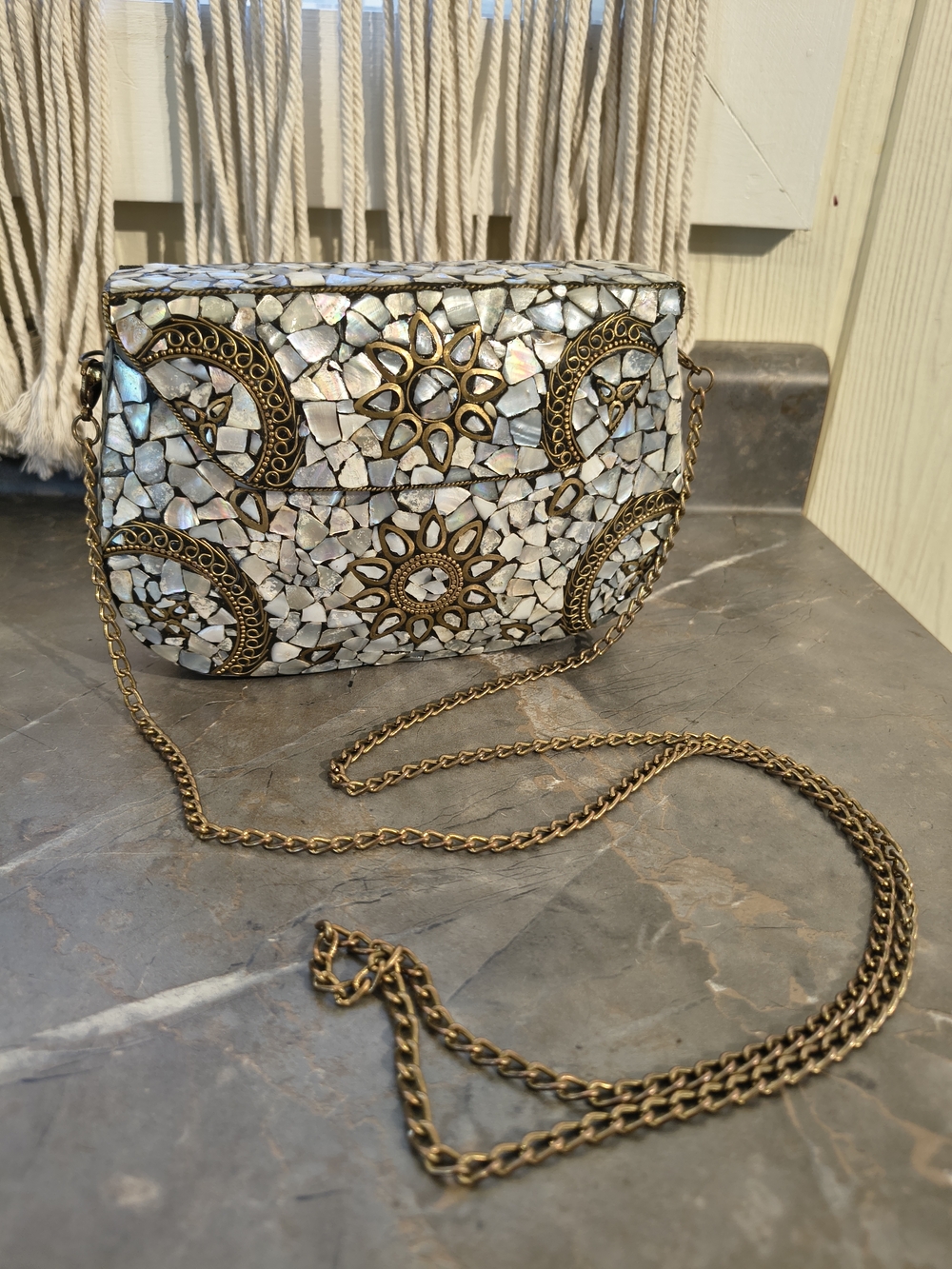 Antik Kraft Iridescent Mother Of Pearl Mosaic Crossbody with Brass Chain